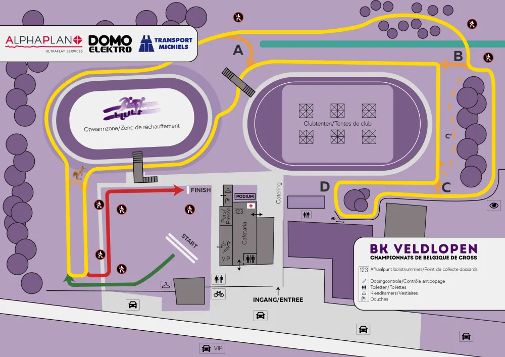 Carte du parcours du CB Cross au Sportpark Hulshout avec les boucles A, B, C et D